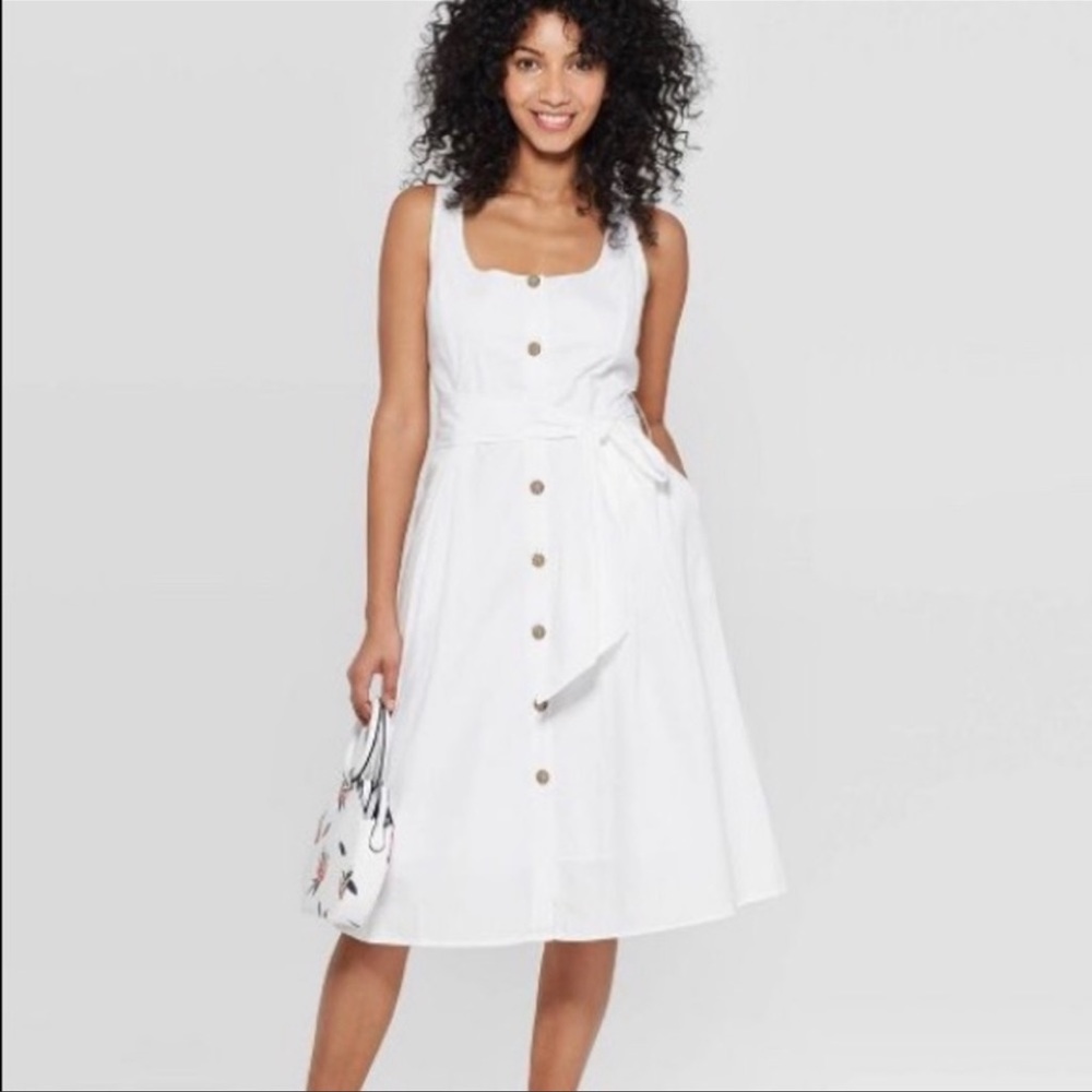 a new day Women's Sleeveless Square Neck Button-Down White Dress Size 16 belted